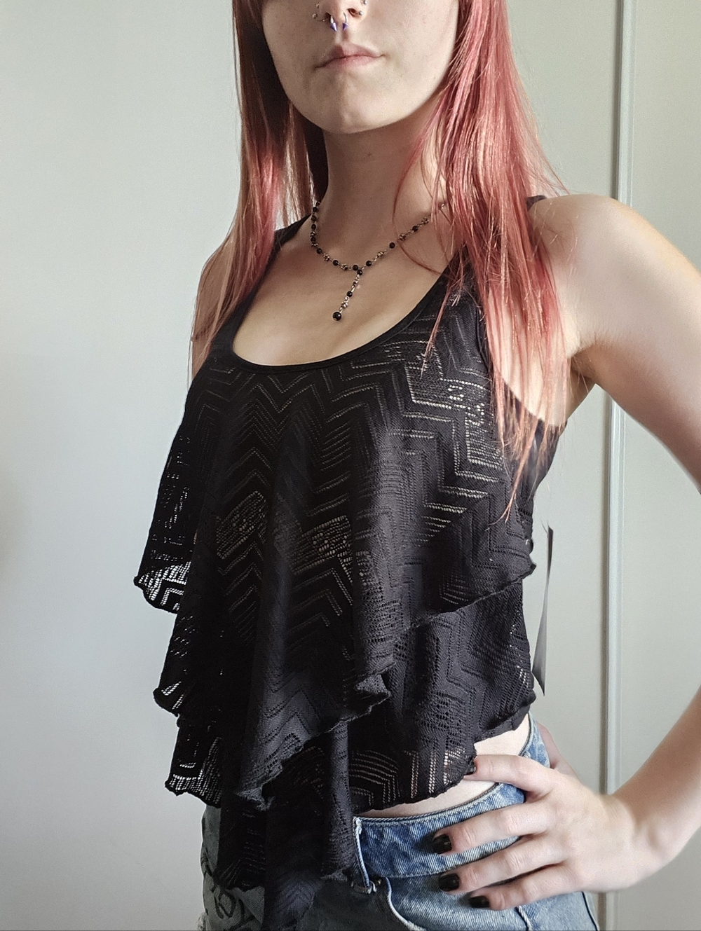 NWT Persaya Black flowy layered lace tank top, boho style asymmetrical whimsy